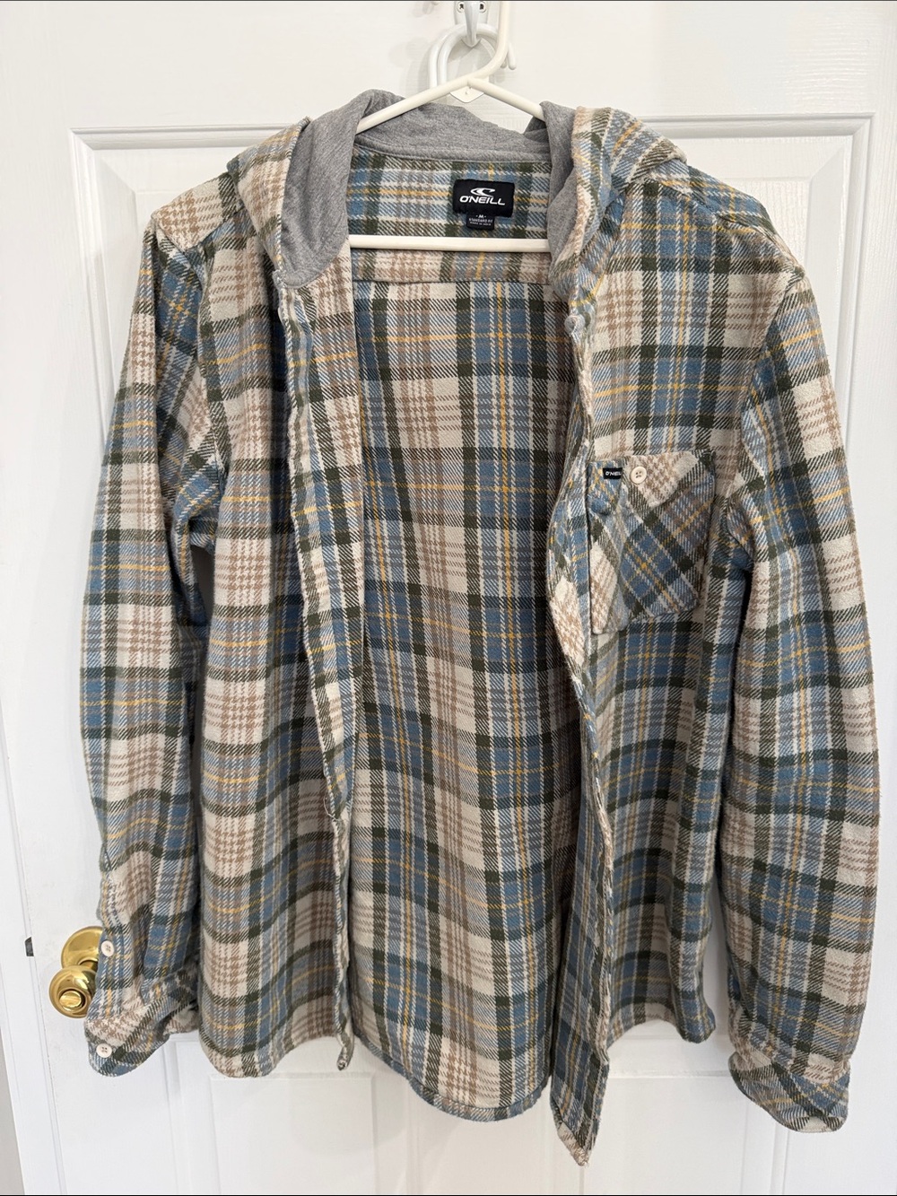 O'Neill Plaid Hooded Shirt Jacket in Blue, Cream & Tan